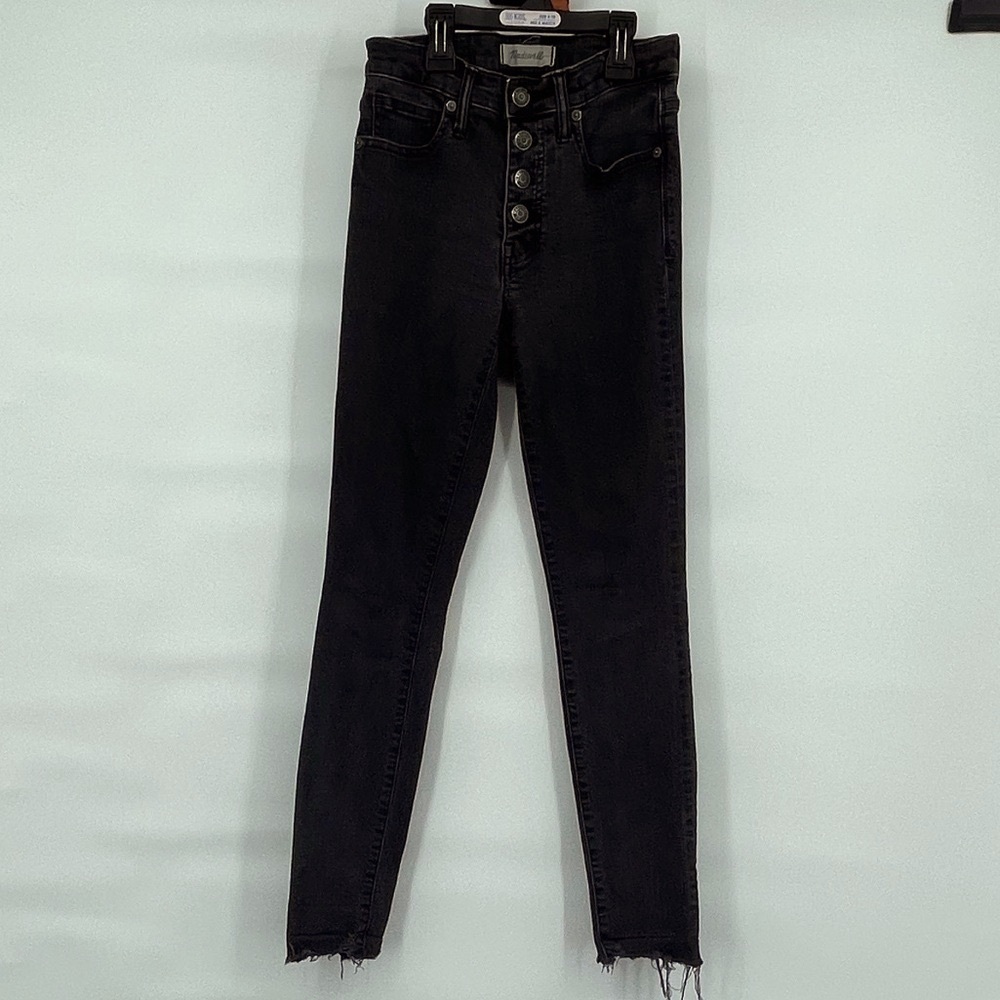 Madewell 9 inch high rise skinny button fly raw hem black jeans